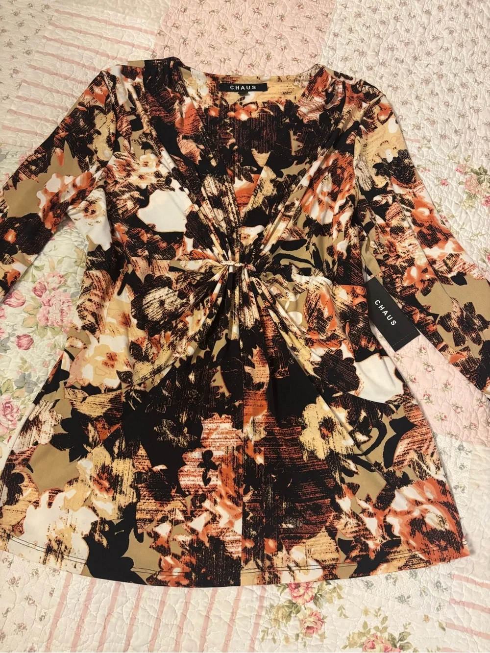 Chaus Twist-Front Floral Blouse in Black, Tan & Rust